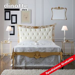 Immagine di Letto Agata in ferro con pannello capitonné in vera pelle bianco neve finitura foglia argento o foglia oro